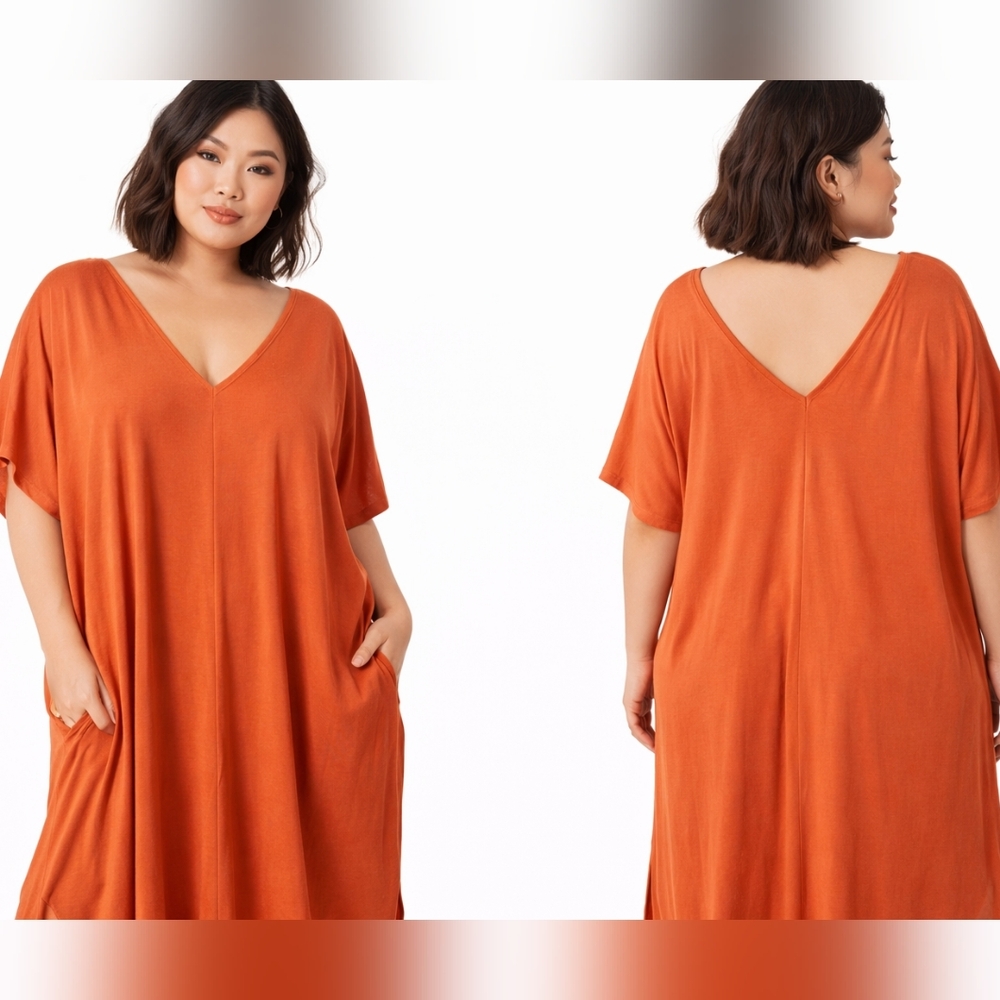 Nwt Ava & Viv Dress Caftan Jersey Tee Knit Dolman Oversized V-neckline Cover Up